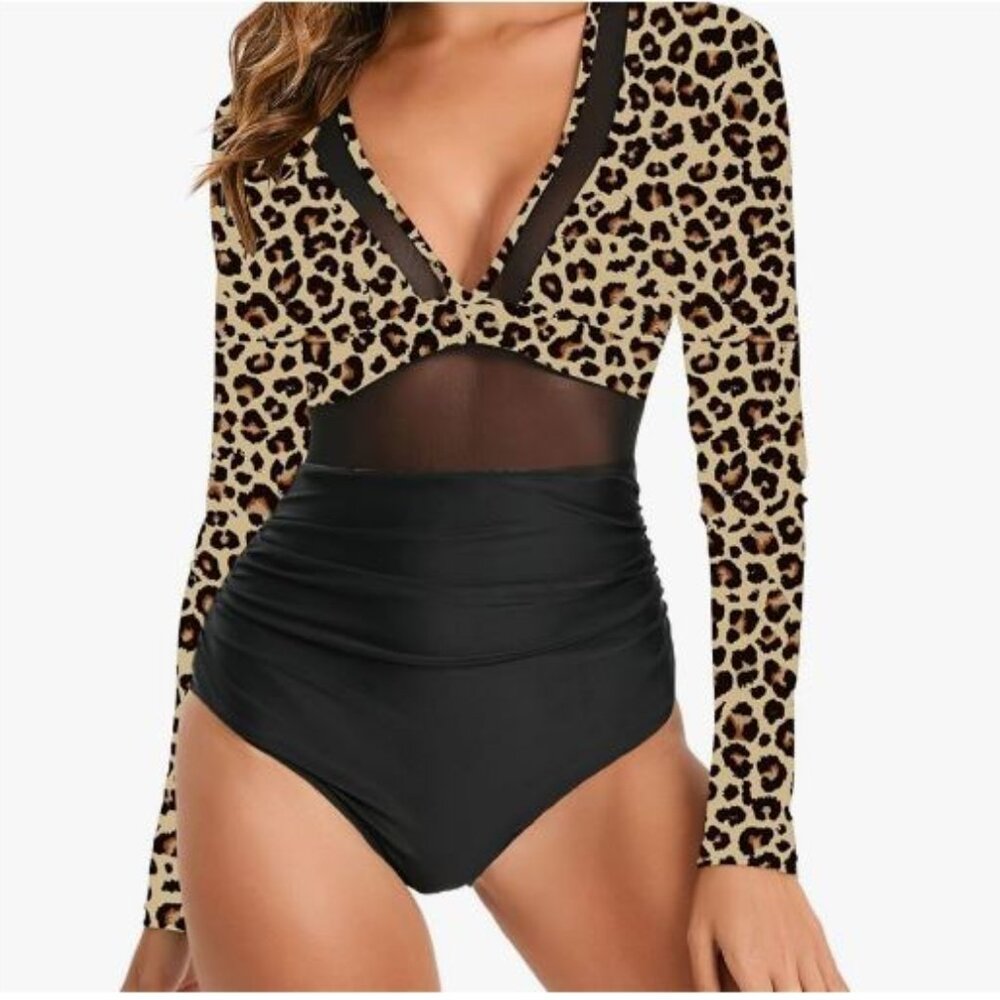 NWT! NESY Long Sleeve, One-Piece Rashguard Swimsuit & Upper Leopard Print, XXL